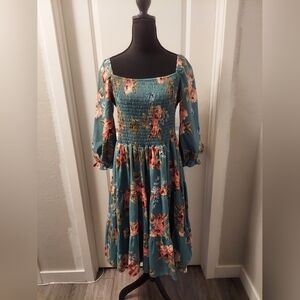 Baltic Born Floral Teal Smocked Top Midi Dress XL